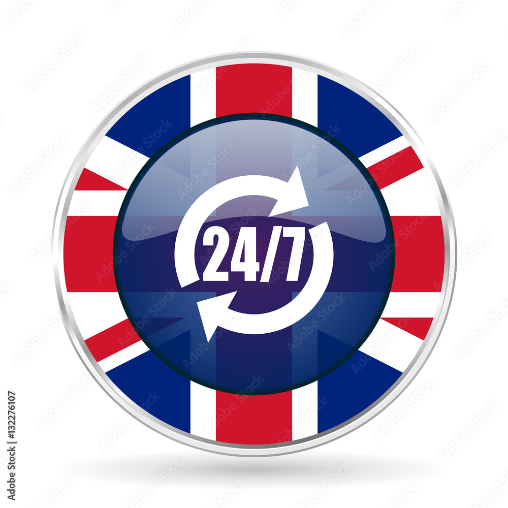 Poster service british design icon - round silver metallic border button with great britain flag