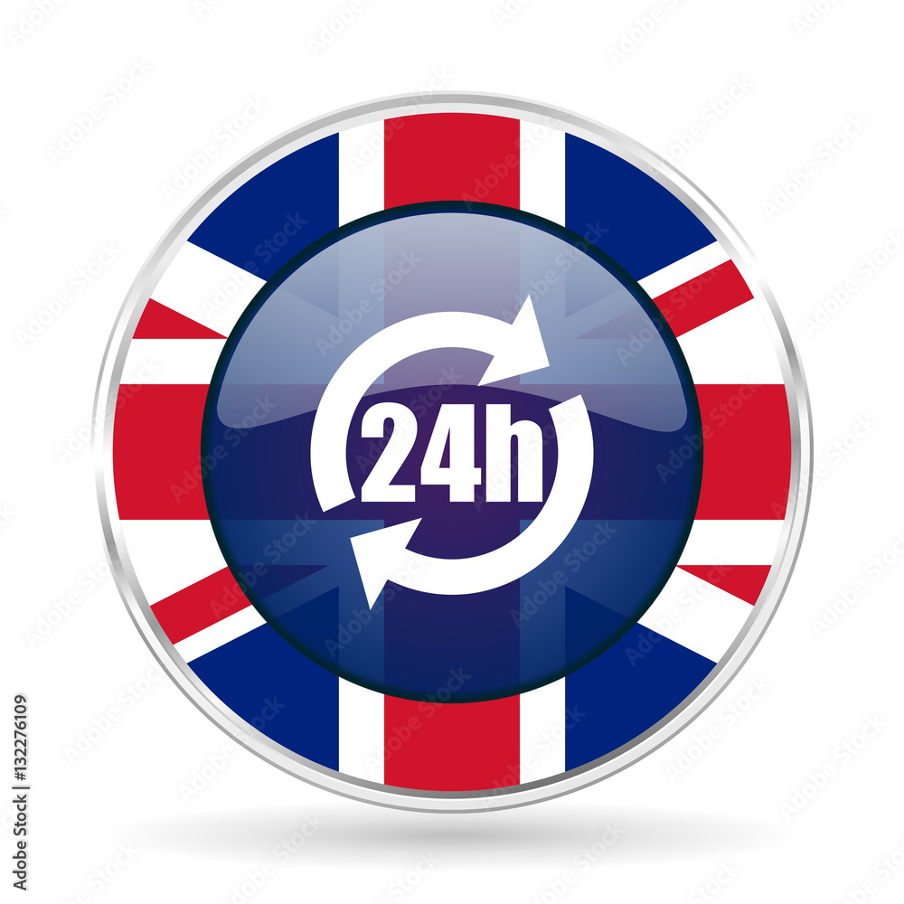 Poster 24h british design icon - round silver metallic border button with great britain flag
