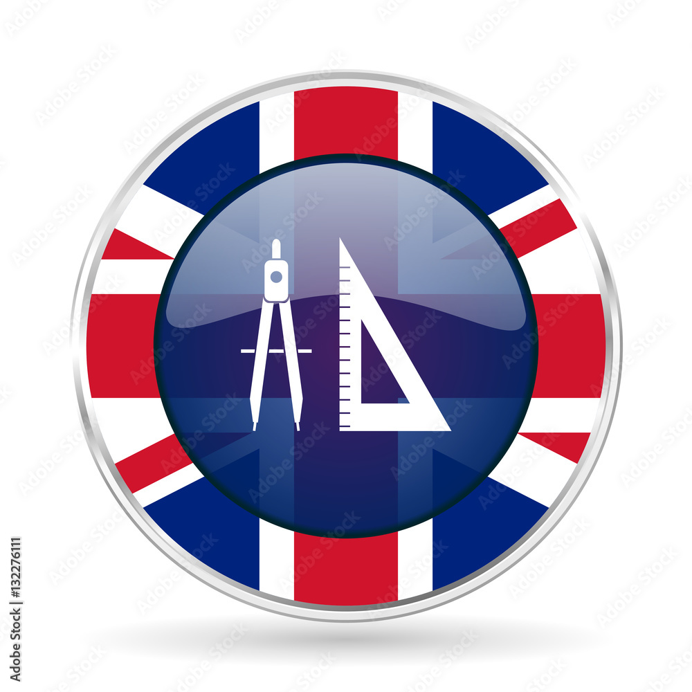 Poster learning british design icon - round silver metallic border button with great britain flag