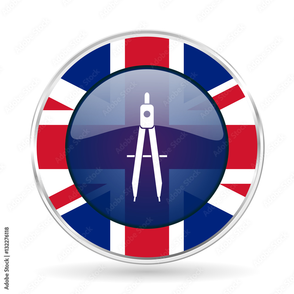 Poster Learning british design icon - round silver metallic border button with Great Britain flag