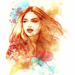 Crédence de cuisine en verre imprimé Visage aquarelle Beautiful woman portrait. Abstract fashion watercolor illustration