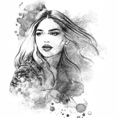 Fototapeta premium Beautiful woman portrait. Abstract fashion watercolor illustration