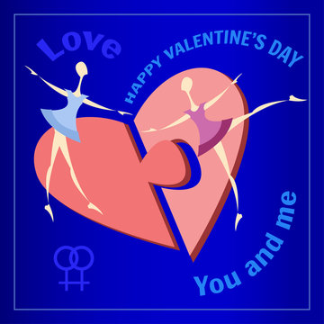 Two girls lesbian greeting card. Two halves of the heart on a blue background. Parts of the puzzle. Icon for website and greeting cards. For Valentine's day.