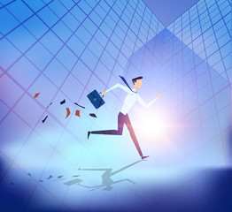Abstract business people running with building background.