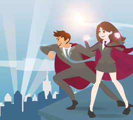 Man and women superhero with sunlight.