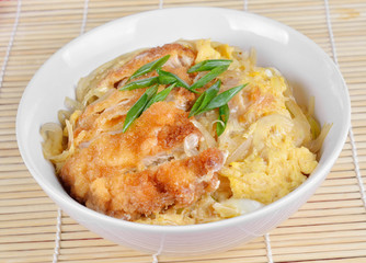 japanese cuisine, pork cutlet and egg on rice (katsudon)
