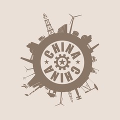 Circle with industry relative silhouettes. Vector illustration. Objects located around the circle. Industrial design background. China text in the center.