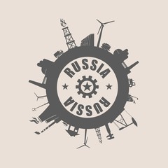 Circle with industry relative silhouettes. Vector illustration. Objects located around the circle. Industrial design background. Russia text in the center.