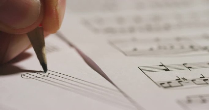 A musician or composer composes a song or a musical work, writing notes in pencil on the pentagram. The composer, first hears the sound of the note then writes and so on is composed the music. Concept