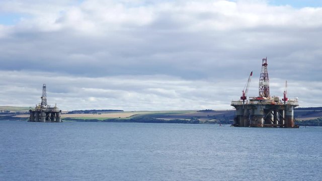 Semi Submersible Oil Rigs Cold Stack at Cromarty Firth in Invergordon, Scotland, UK