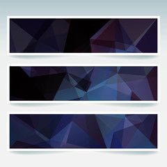Horizontal banners set with polygonal triangles. Polygon background, vector illustration. Dark blue colors.