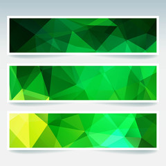 Horizontal banners set with green polygonal triangles. Polygon background, vector illustration