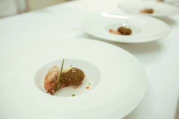chef using chopsticks tong sliced beef put on the white plate in