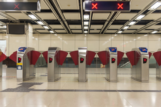 Empty Closed Turnstiles In The Metro Station, Entrance To Subway