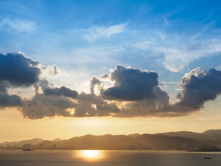 Sky, Bright Blue, Orange And Yellow Colors Sunset. Instant Photo, Toned Image. Gradient Background
