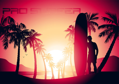 Surfing guy and sunrise at a tropical beach