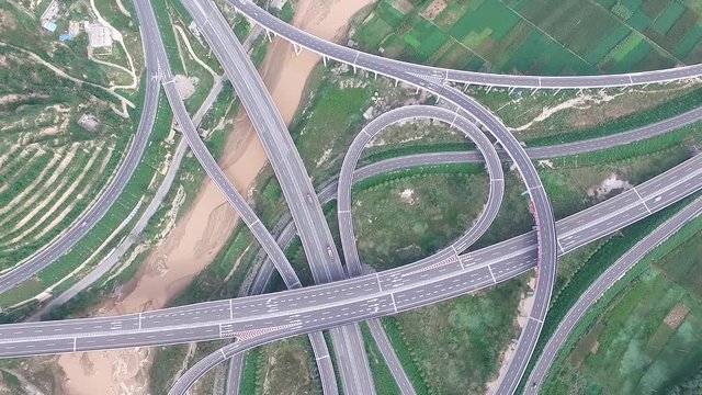 Highway, Freeway, Road Intersection, Aerial View.