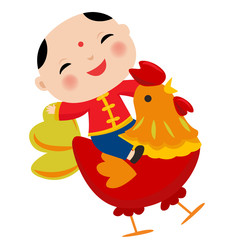 Vector illustration of Cartoon Chinese Kids.Symbol of 2017 red rooster Chinese New Year