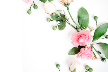 Roses on white background. Flat lay, top view. Valentine's background
