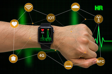 Smart Watch Monitoring Heart Rate Application Concept with Heart Beat Cardiogram