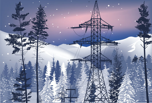 electric power pylons in mountain forest under snowfall