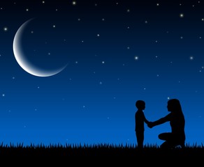 Fototapeta premium Silhouette of mother and child on the night background