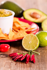 Guacamole and nacho chips. 