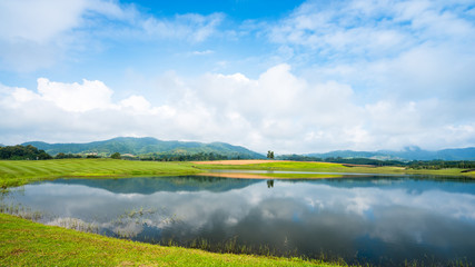 grass field with lake