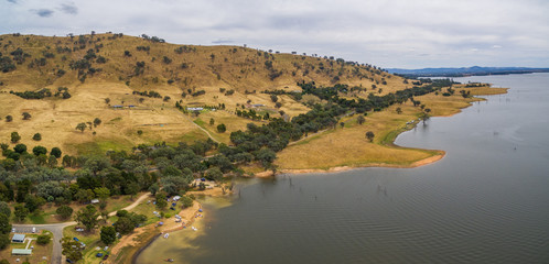 Aerial panorama of Lake Hume coastline, Victoria, Australia