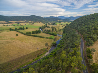 Aerial view of Omeo Highway and Mitta Mitta Valley, Victoria, Australia