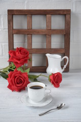 Valentines day breakfast with coffee, candy cane and flowers