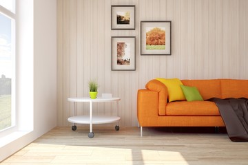 White room with orange sofa. Scandinavian interior design