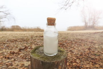 bottle of coconut oil on the background  a winter landscape