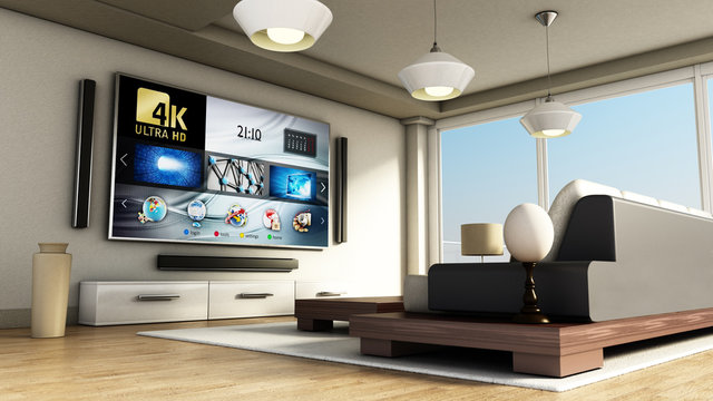 Modern 4K smart TV room with large windows and parquet floor. 3D illustration