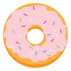 Pink glazed ring doughnut with colorful sprinkles. Vector illustration