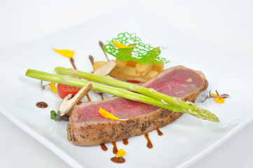 Medium beef steak with french fries and Champignon, Button mushr