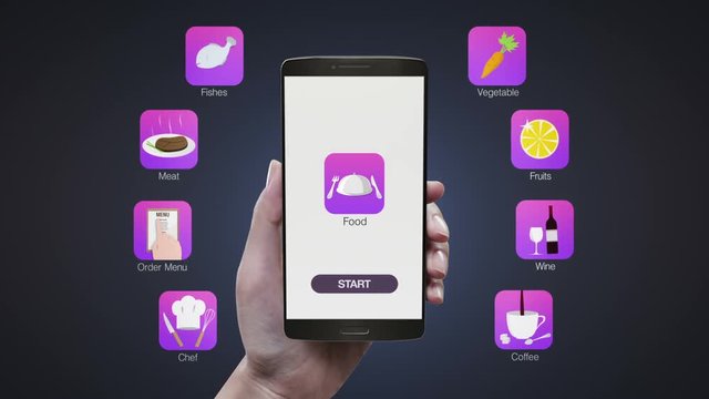 Touching Food application on mobile screen, using chef,order menu, meat, fishes, vegetable, fruit, wine, coffee.