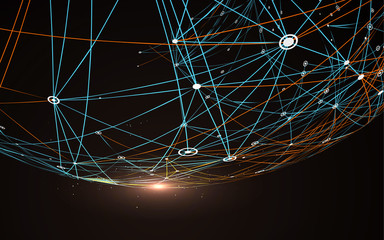 Dotted lines connected to the abstract graphics, network connections.