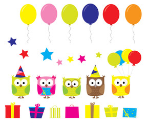 Obraz na płótnie Canvas birthday party celebration / birthday elements and cartoon owls collection