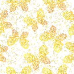 Tuinposter Seamless Background, Tile Patterns of Golden Symbolical Outline Butterflies and Rings. Vector © oksanaok
