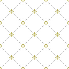 Seamless vector pattern. Modern geometric ornament with golden royal lilies. Classic vintage background