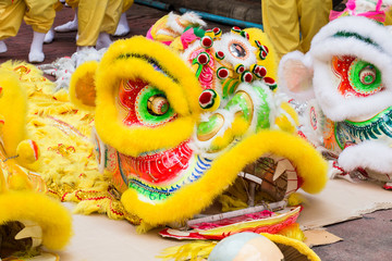 head of traditional colorful Chinese Lion dance in Chinese new year festival