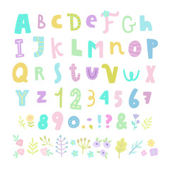 Funny font. Letters, numbers and flowers. Vector hand drawn illustration