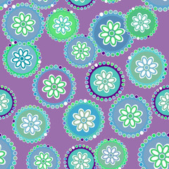 bright colorful flowers on purple background, seamless pattern. Vector