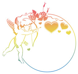 Cupid with bow hunting for hearts. Color gradient frame with Cupid, roses and hearts. Copy space. Raster clip art.