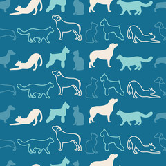 Animal seamless vector pattern of cat and dog silhouettes
