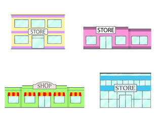 Set of store, shopping mall icons. Mall, shop, store, supermarket in flat style. Vector illustration
