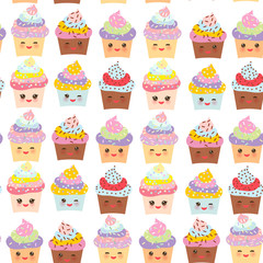 Seamless pattern Cupcake Kawaii funny muzzle with pink cheeks and winking eyes, pastel colors on white background. Vector