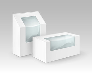 Vector Set of White Blank Cardboard Rectangle Take Away Boxes Packaging For Sandwich, Food, Gift, Other Products with Plastic Window Mock up Close up Isolated on White Background