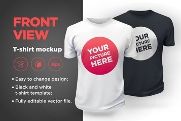 Men's white and black t-shirt with short sleeve mockup. Front view - obrazy, fototapety, plakaty